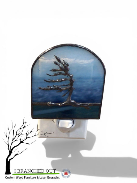 “A Beacon through the Fog” Windswept Pine - Stained Glass Night Light