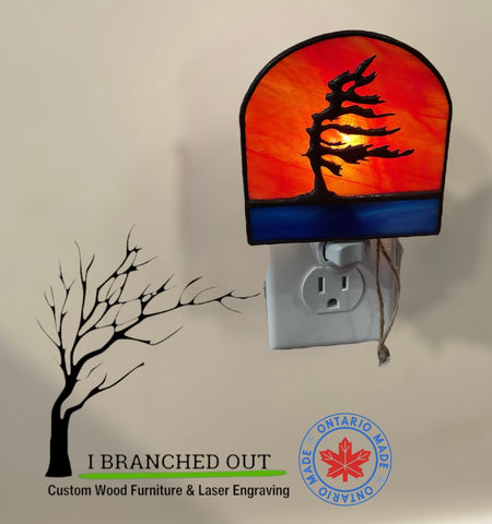 “Fireball Sunset” Windswept Pine - Stained Glass Night Light