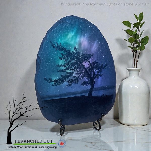 Windswept Pine Northern Lights on stone